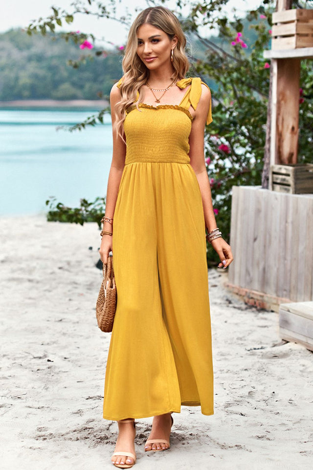Frill Trim Tie Shoulder Wide Leg Jumpsuit with Pockets.