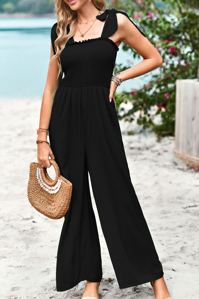 Frill Trim Tie Shoulder Wide Leg Jumpsuit with Pockets.
