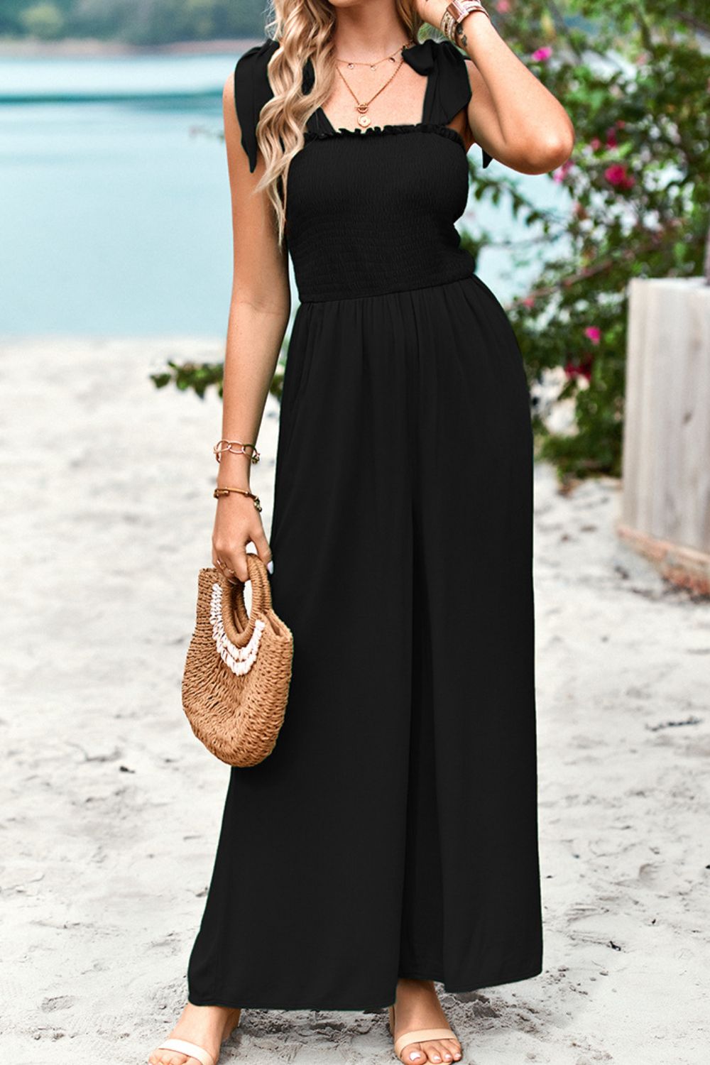 Frill Trim Tie Shoulder Wide Leg Jumpsuit with Pockets.