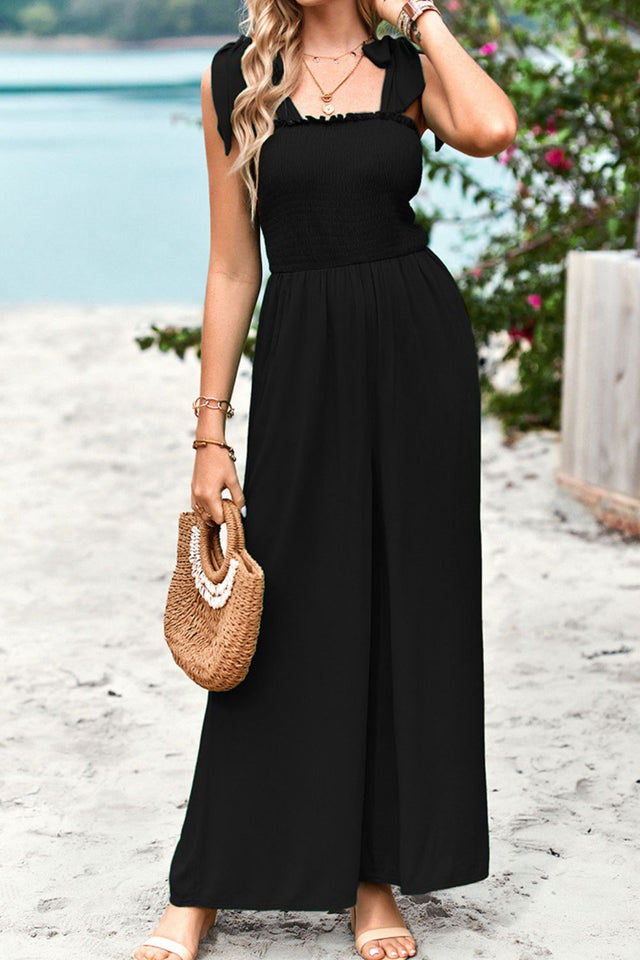 Frill Trim Tie Shoulder Wide Leg Jumpsuit with Pockets.