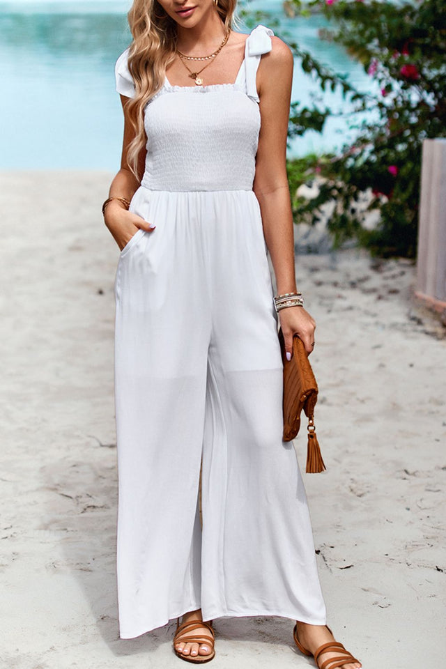 Frill Trim Tie Shoulder Wide Leg Jumpsuit with Pockets.
