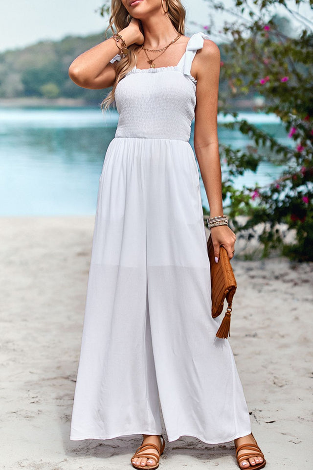Frill Trim Tie Shoulder Wide Leg Jumpsuit with Pockets.