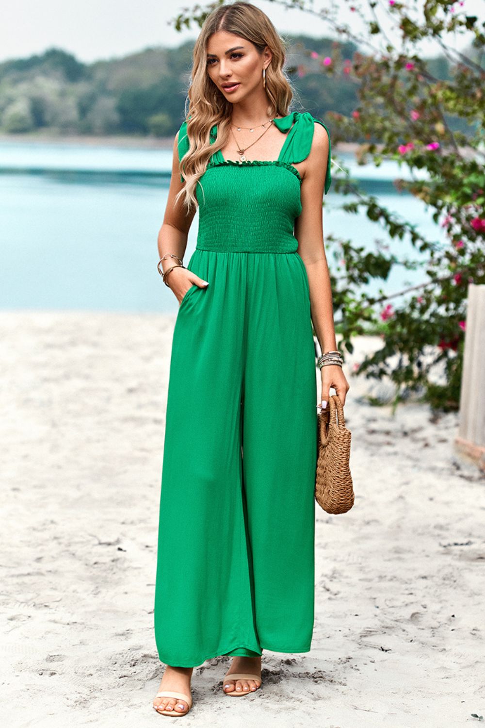 Botanical Print Surplice Neck Tie Waist Romper.