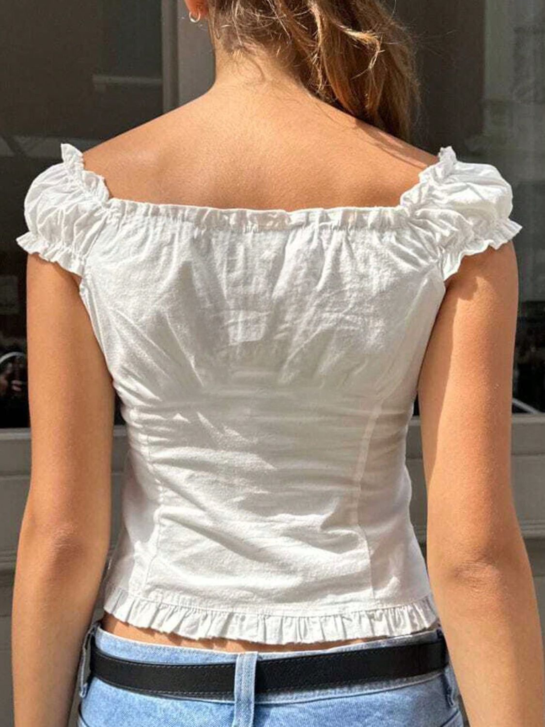 Devine frill V-neck cap sleeve top.