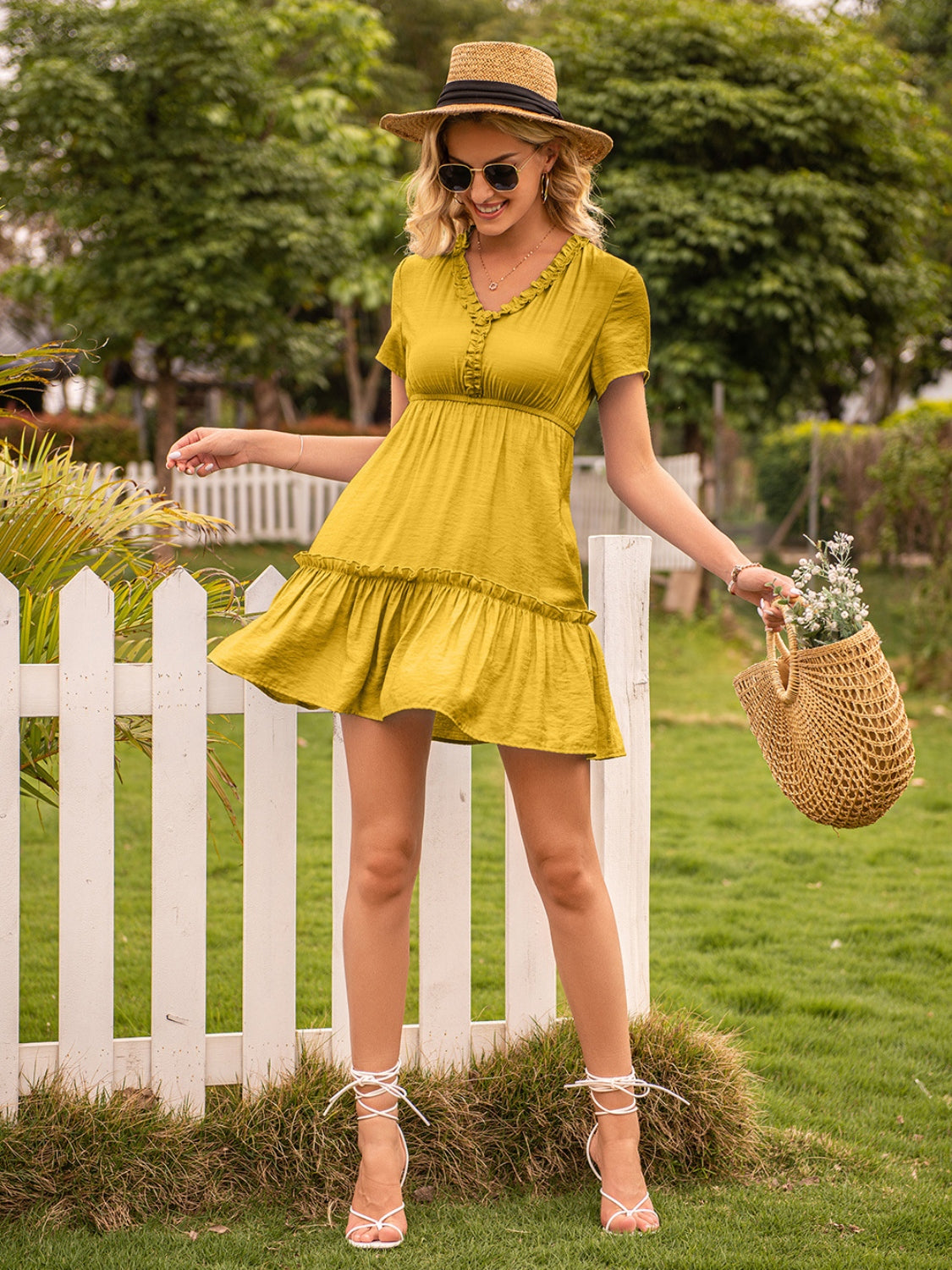 Ivy Lane Frill V-Neck Short Sleeve Ruffle Hem Dress.