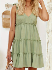Plus Size Frill V-Neck Tie Shoulder Mini Dress.