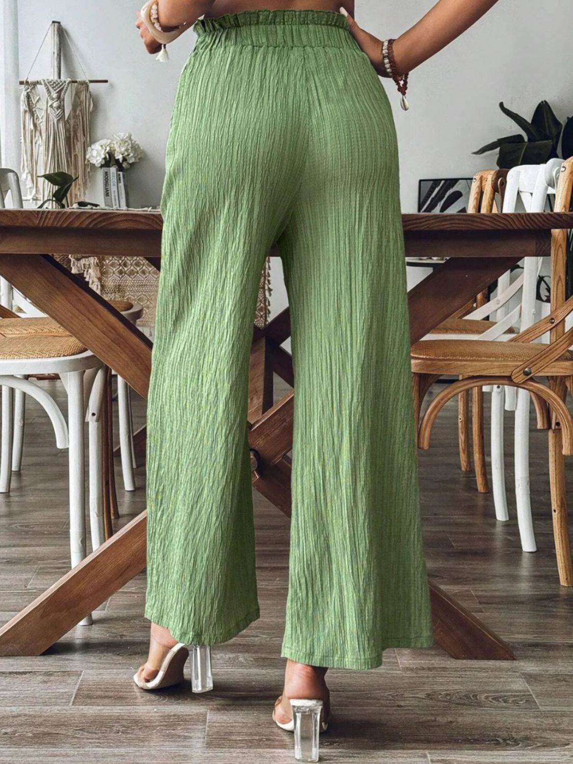 Frill wide leg pants with pockets, opaque.