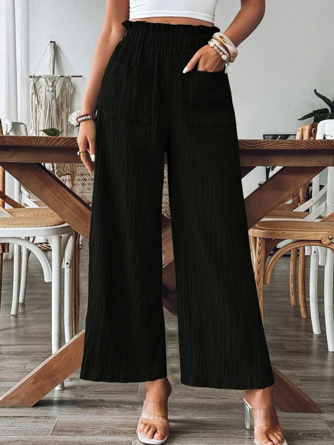 Frill wide leg pants with pockets, opaque.