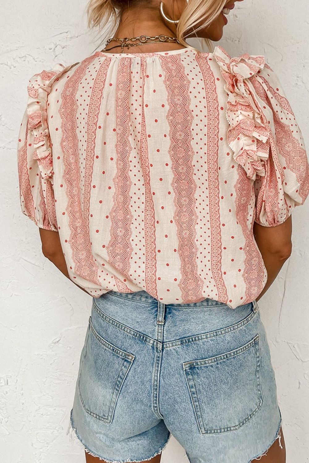 Frilled short puff sleeve mixed print blouse.