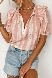 Frilled short puff sleeve mixed print blouse.