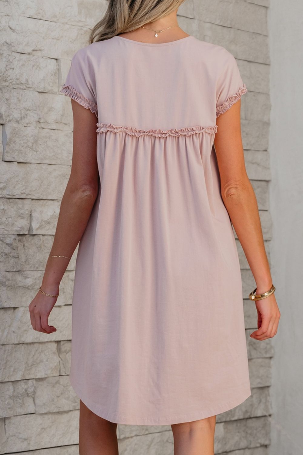 Frilled Trim Crew Neck Cap Sleeve Loose Fit Mini Dress.