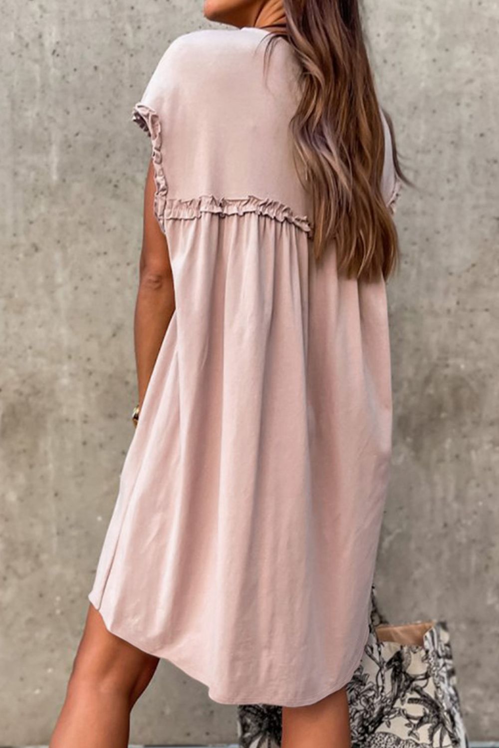 Frilled Trim Crew Neck Cap Sleeve Loose Fit Mini Dress.