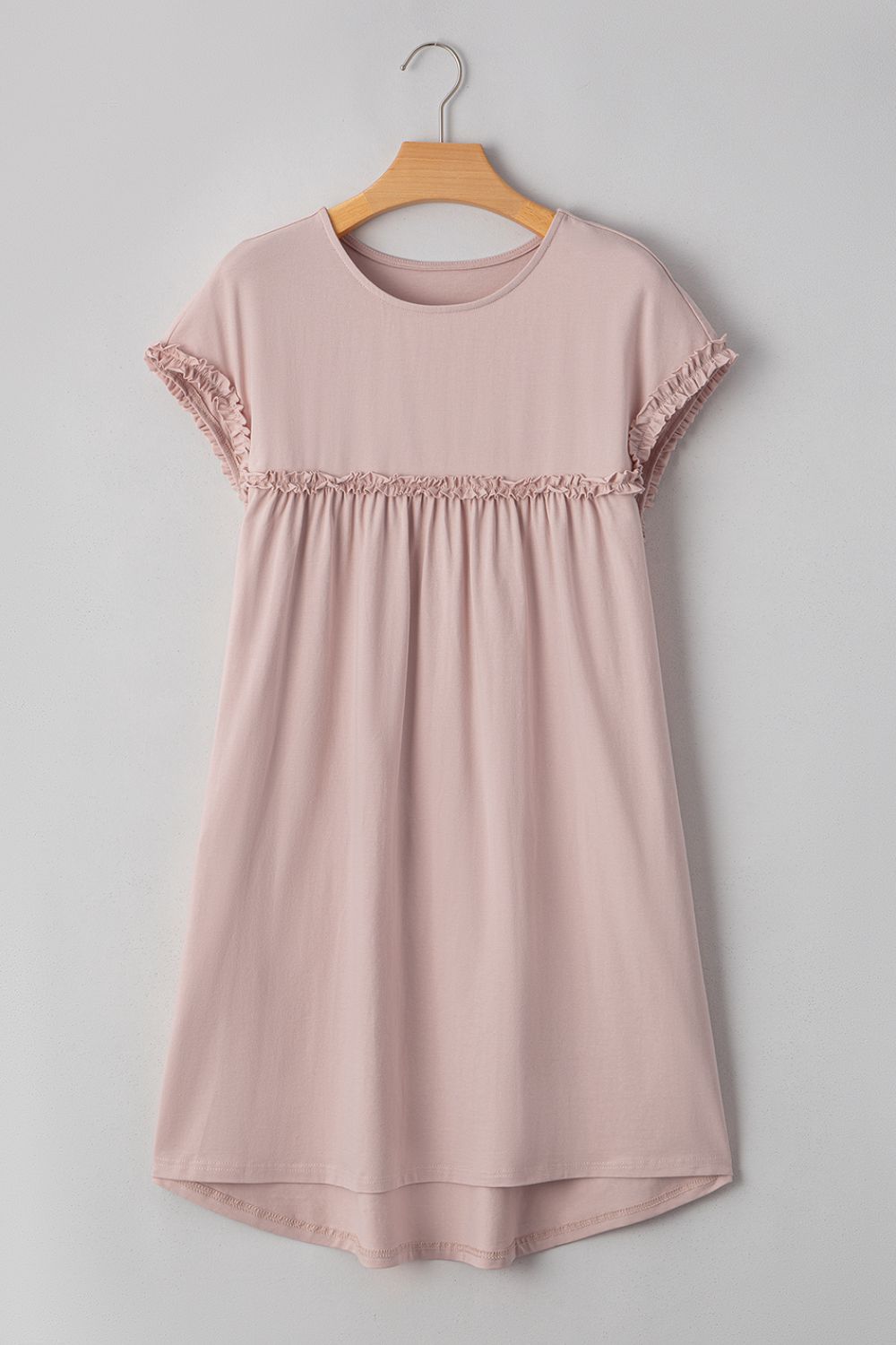 Frilled Trim Crew Neck Cap Sleeve Loose Fit Mini Dress.