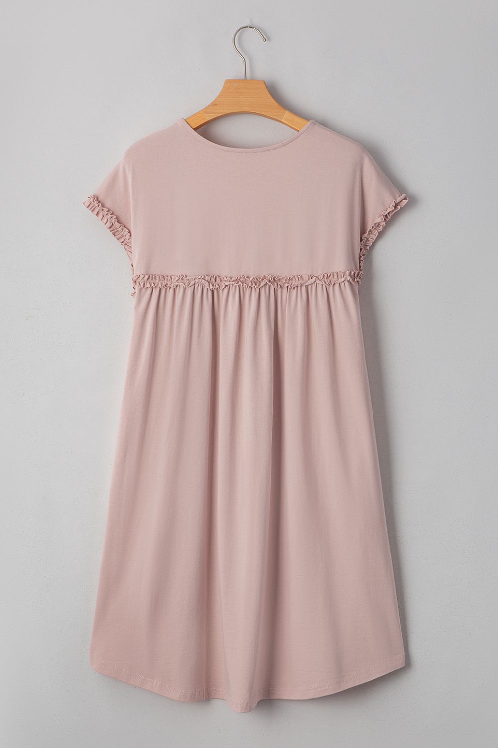 Frilled Trim Crew Neck Cap Sleeve Loose Fit Mini Dress.
