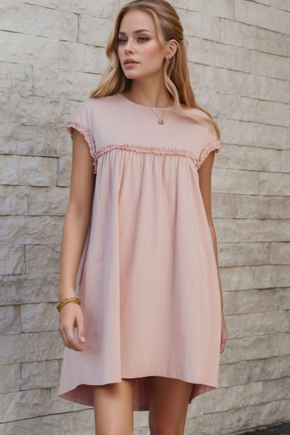 Frilled Trim Crew Neck Cap Sleeve Loose Fit Mini Dress.