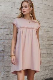 Frilled Trim Crew Neck Cap Sleeve Loose Fit Mini Dress.