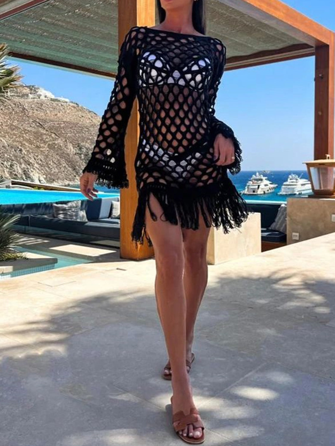 Fringe Cutout Long Sleeve Cover Up.
