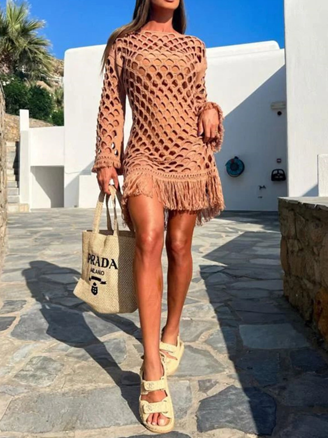 Fringe Cutout Long Sleeve Cover Up.