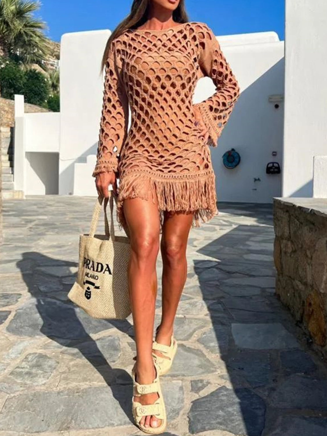 Fringe Cutout Long Sleeve Cover Up.