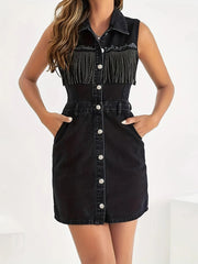 Fringe Detail Button-Front Mini Dress.