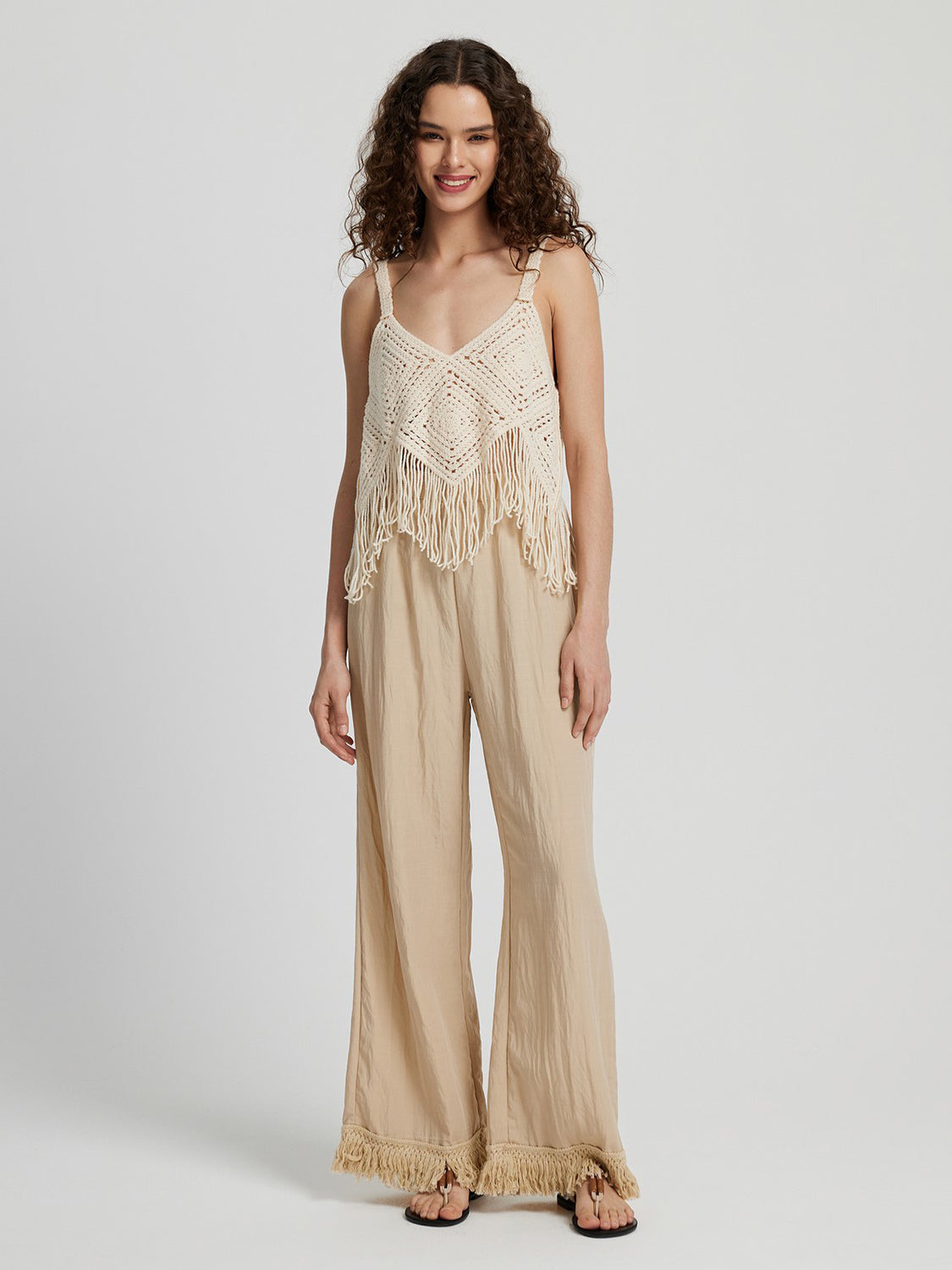 Fringe hem wide leg long pants, opaque.