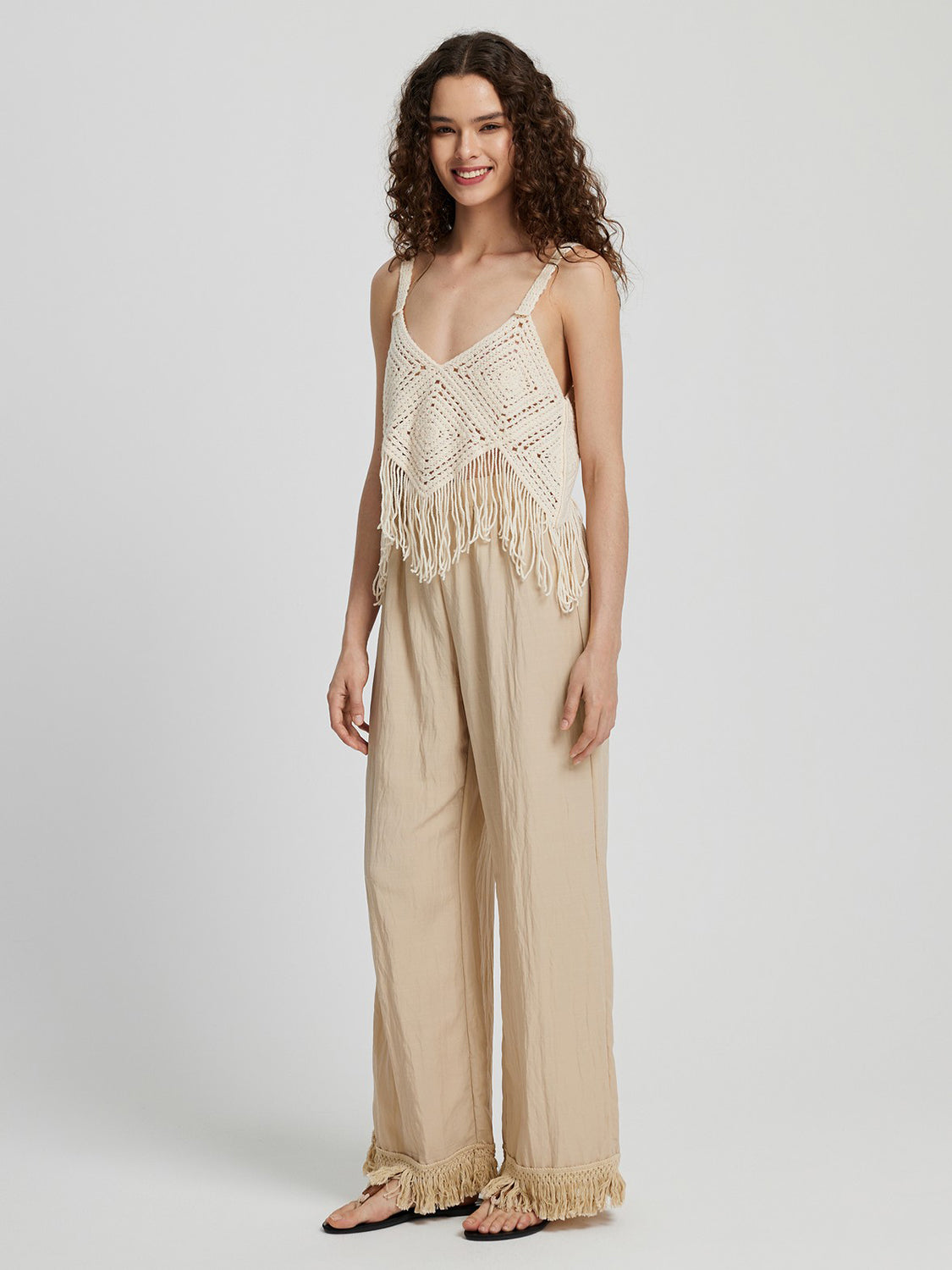 Fringe hem wide leg long pants, opaque.