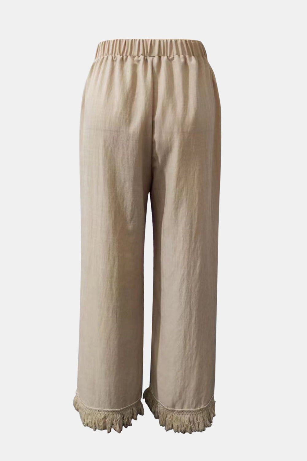 Fringe hem wide leg long pants, opaque.
