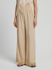 Fringe hem wide leg long pants, opaque.