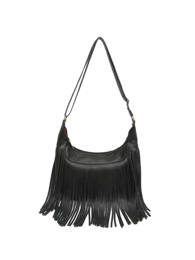 Medium PU leather fringe shoulder bag.