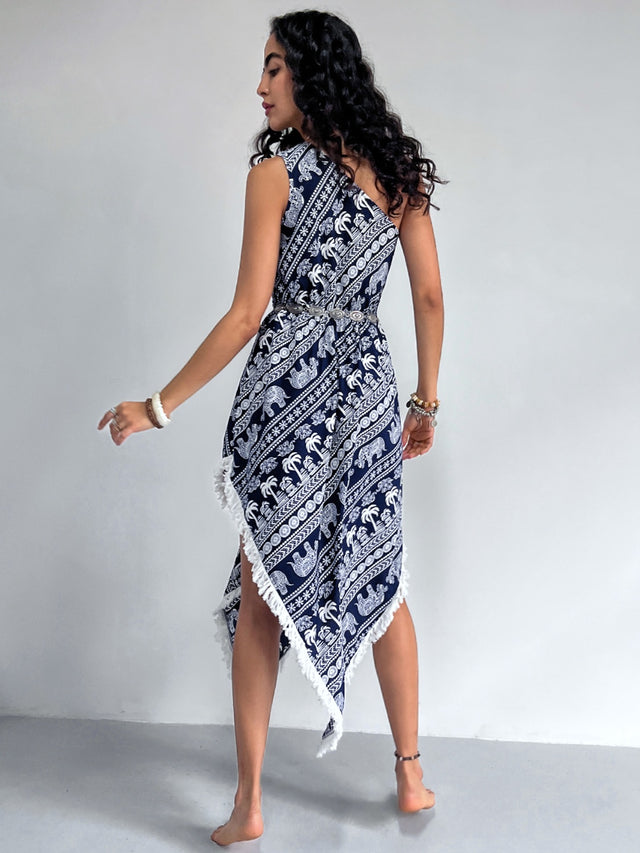 Fringe Printed Single Shoulder Dress.