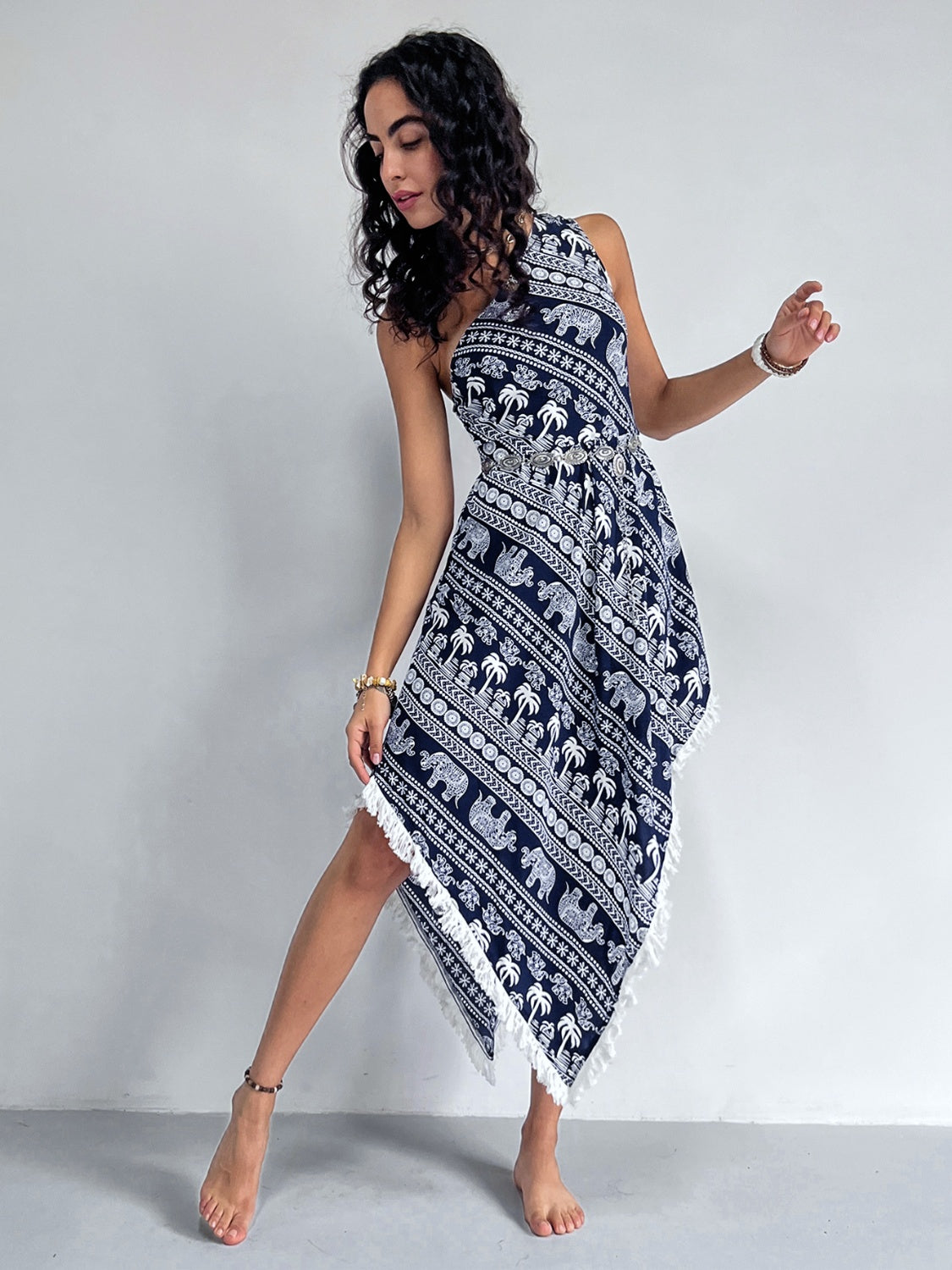 Fringe Printed Single Shoulder Dress.