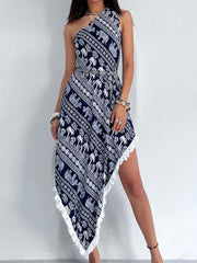 Fringe Printed Single Shoulder Dress.