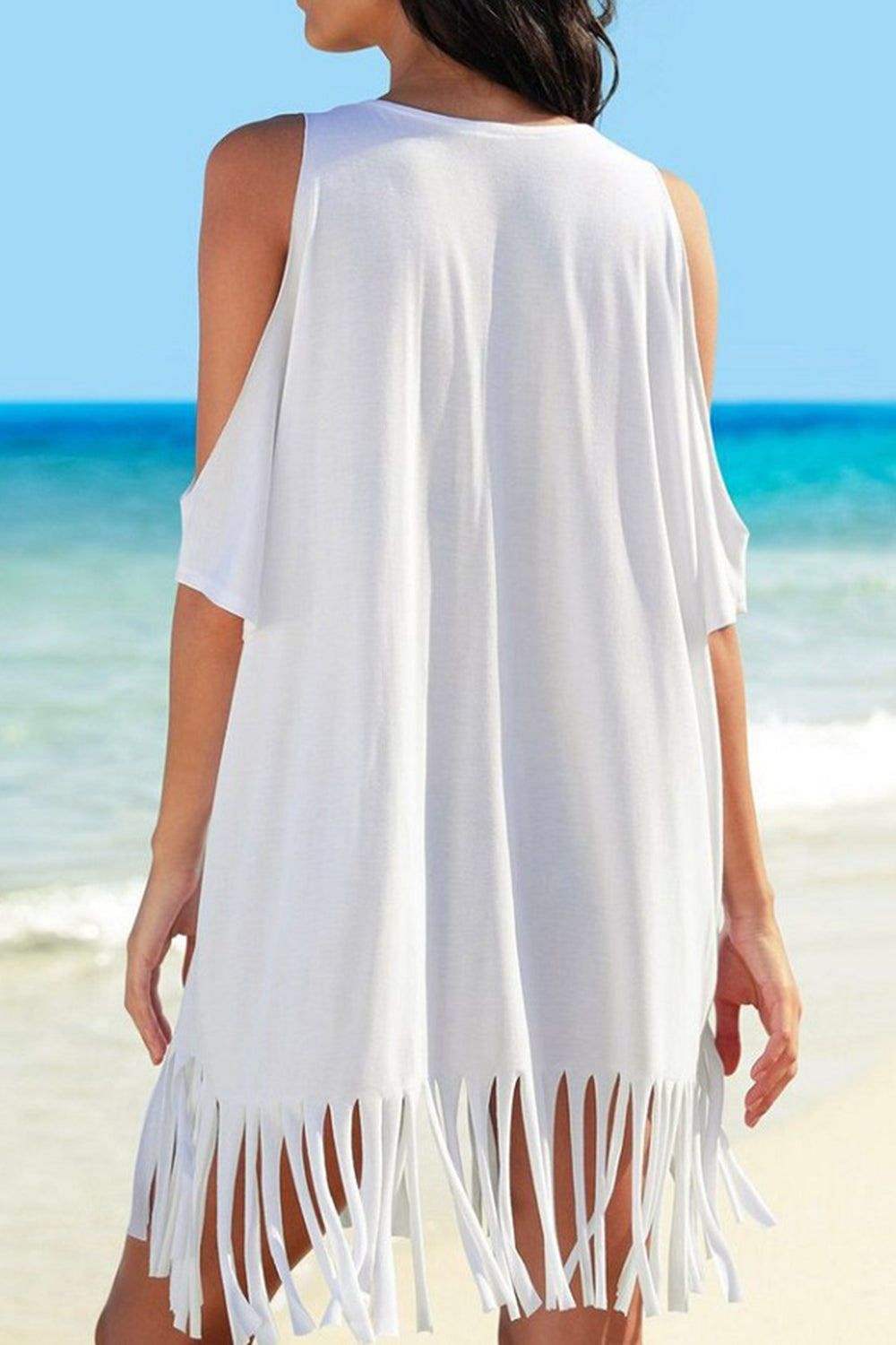 Fringe V-Neck Cold Shoulder Cover Up.