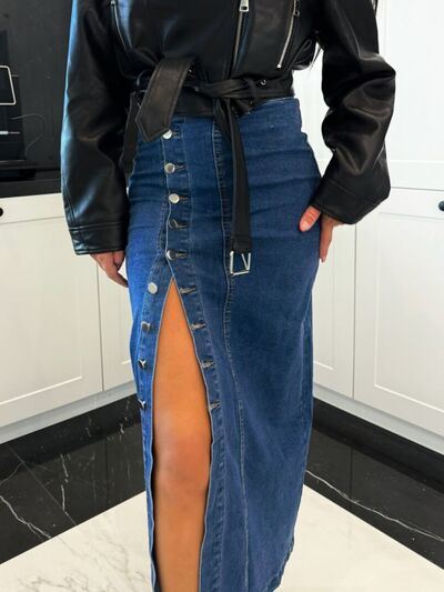 Front Button Slit Midi Denim Skirt.