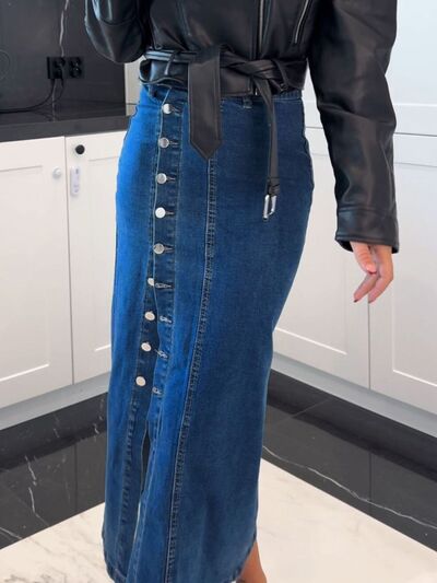 Front Button Slit Midi Denim Skirt.