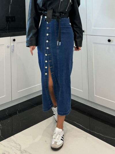 Front Button Slit Midi Denim Skirt.