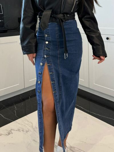 Front Button Slit Midi Denim Skirt.