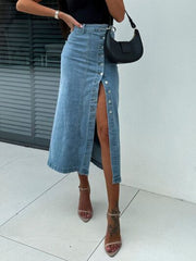 Front Button Slit Midi Denim Skirt.