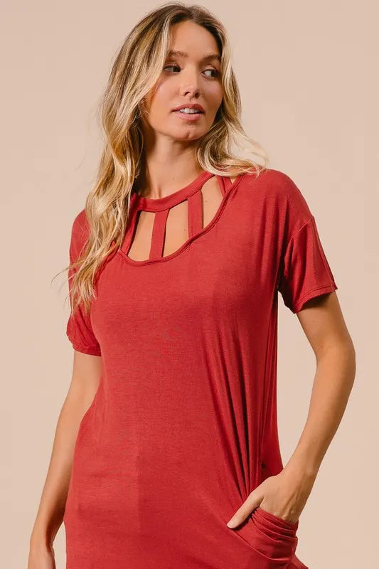 Bibi Front Cutout Mini Tee Dress with Pockets.