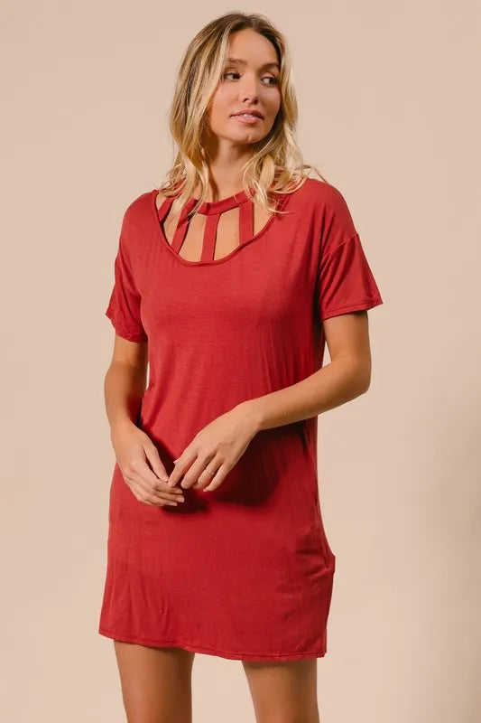 Bibi Front Cutout Mini Tee Dress with Pockets.