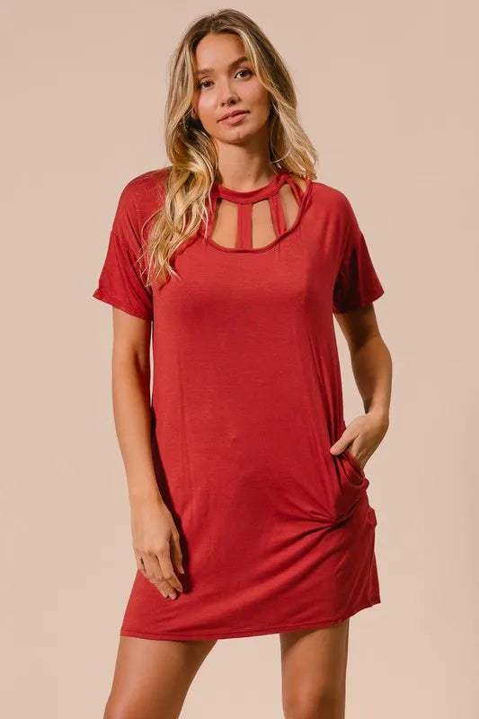Bibi Front Cutout Mini Tee Dress with Pockets.