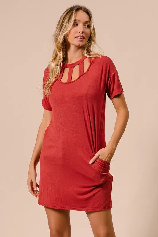 Bibi Front Cutout Mini Tee Dress with Pockets.