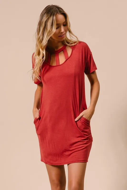 Bibi Front Cutout Mini Tee Dress with Pockets.