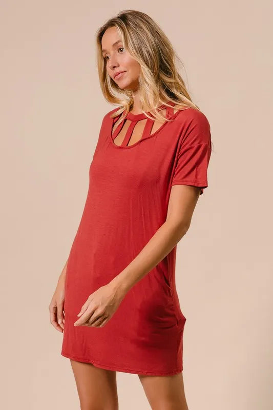 Bibi Front Cutout Mini Tee Dress with Pockets.