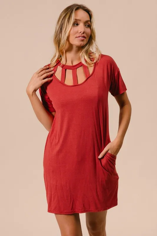 Bibi Front Cutout Mini Tee Dress with Pockets.