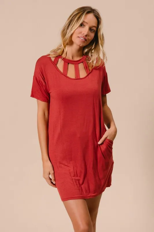 Bibi Front Cutout Mini Tee Dress with Pockets.