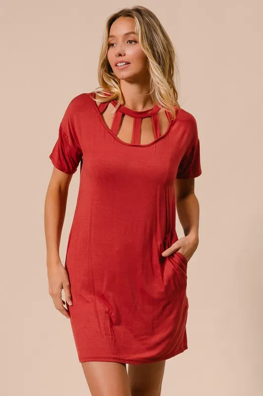 Bibi Front Cutout Mini Tee Dress with Pockets.