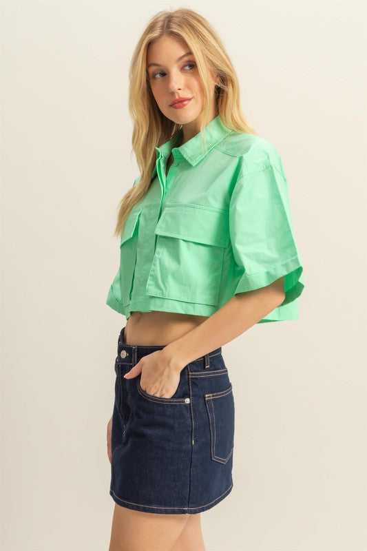 Hyfve front pockets poplin collared neck crop shirt.