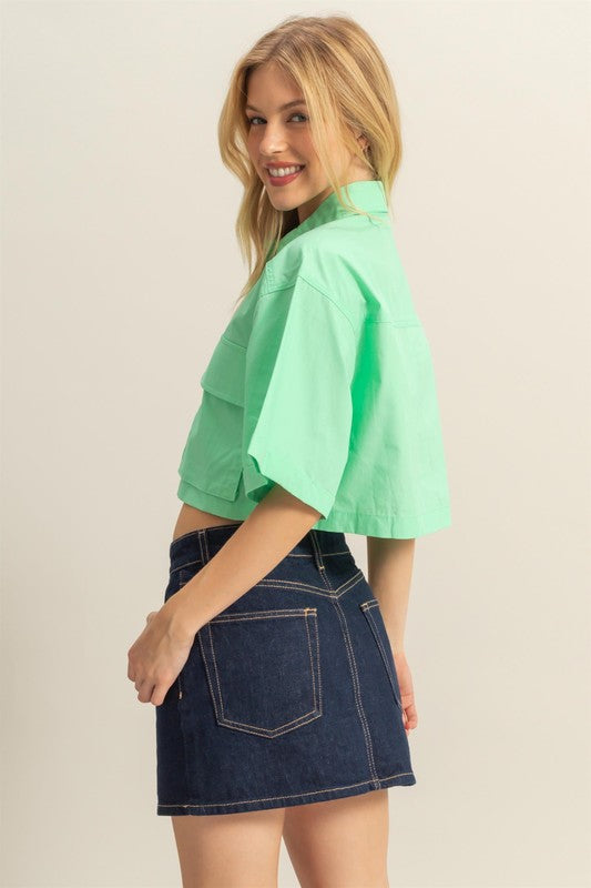 Hyfve front pockets poplin collared neck crop shirt.