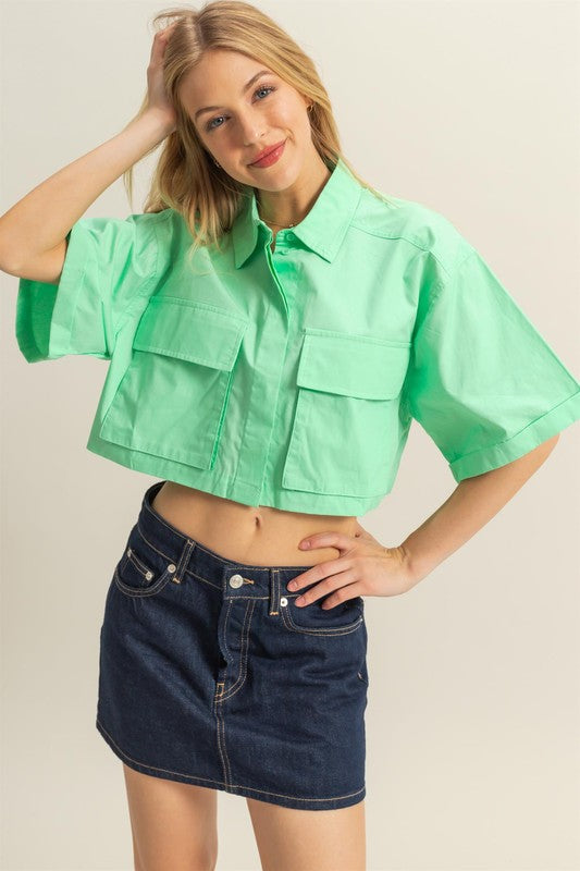 Hyfve front pockets poplin collared neck crop shirt.